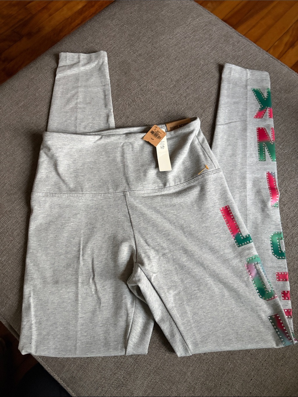PINK Victoria's Secret Gray legging with Pink & Green Logo Trim
